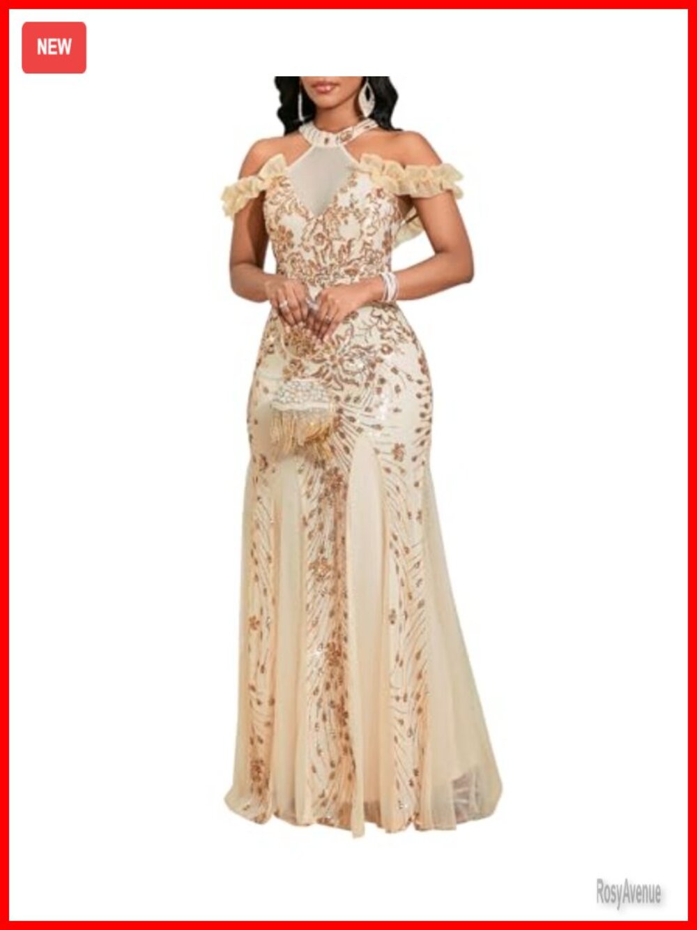 Sequin Halter Neck Mesh Perspective Mermaid Bodycon Maxi Dress